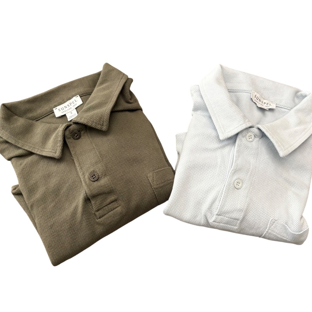 Lot 2 Sunspel 1860 Riviera Polo Shirts Size Small Olive Green Light Blue Pocket
